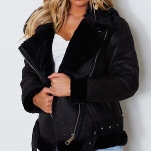 White Fox Bandits Boutique Black Faux Leather Jacket with Faux Fur Size XS